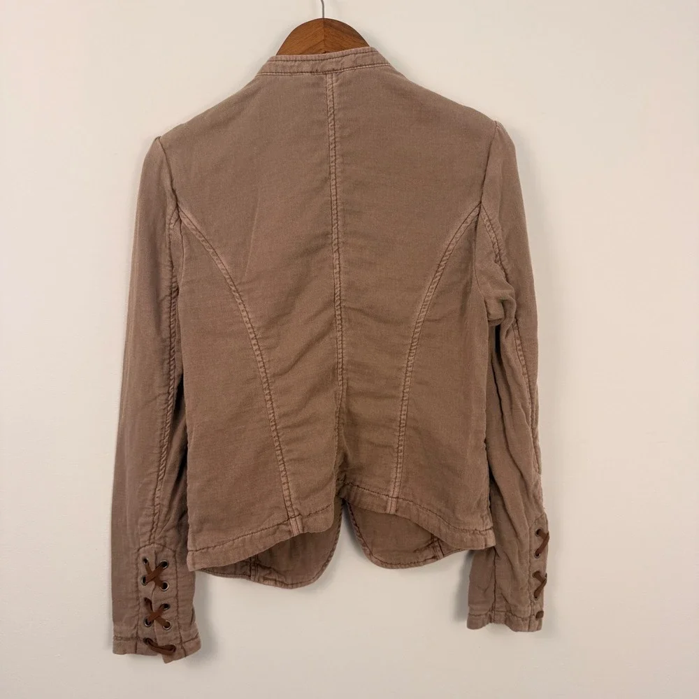 Free People Military Blazer Women M Taupe Lace Up Cuff Boho Utility Jacket